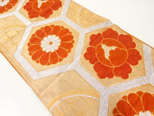 JAPANESE KIMONO / ANTIQUE FUKURO OBI / SILK / WOVEN KIKKO & FLOWER